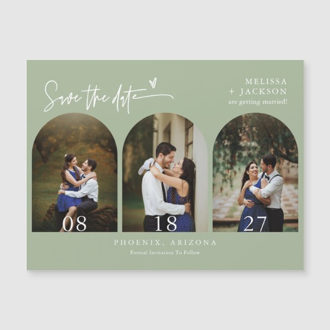 Modern Dusty Green Boho Save the Date Arch Photo (Front)