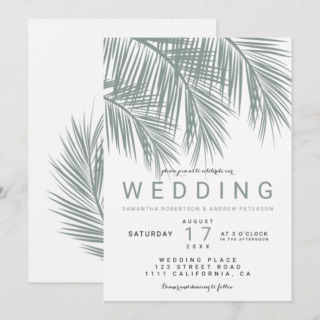 Modern dusty green palm tree elegant wedding invitation (Front/Back)