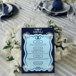 Modern Dusty Light Blue Boho Floral Navy Wedding Menu