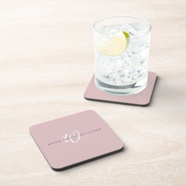Modern Dusty Lilac White Script Monogram Coaster (Right Side)