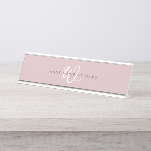 Modern Dusty Lilac White Script Monogram Desk Name Plate (Front)