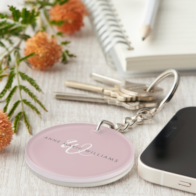 Modern Dusty Lilac White Script Monogram Keychain (Front Right)