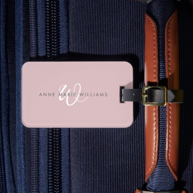 Modern Dusty Lilac White Script Monogram Luggage Tag (Front Insitu 4)