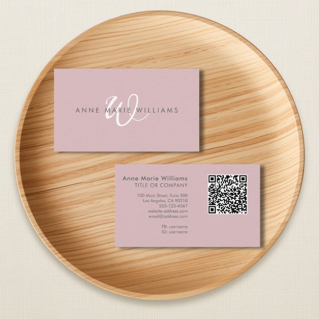 Modern Dusty Lilac White Script Monogram QR Code Business Card (Creator Uploaded)