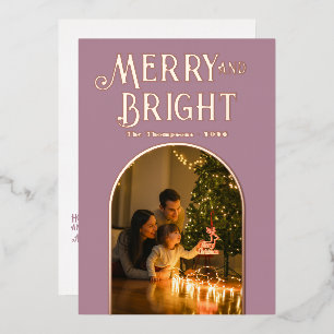 Modern Dusty Mauve & Rose Gold Christmas Photo Foil Holiday Card