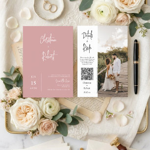 Modern Dusty Pink Boho Wedding Photo QR Code RSVP Invitation