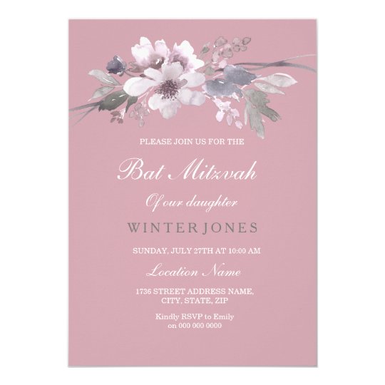 Modern Dusty Pink Floral Bat Mitzvah Invitation