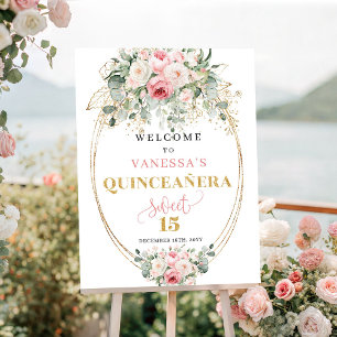 Modern dusty pink floral gold quinceañera welcome  poster