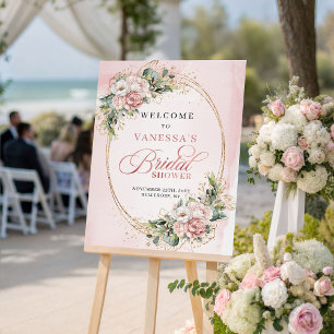 Modern Dusty Pink Floral Greenery Gold Welcome Sig Poster