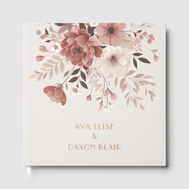 Modern & Dusty Pink Floral Wedding Gold Guest Book (Front)
