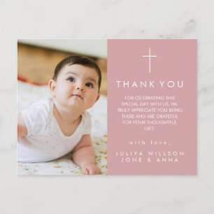 Modern dusty pink Photo Baptism Thank You   Postcard