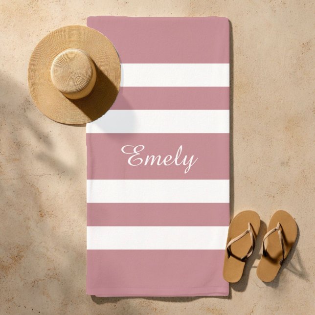 Modern Dusty Pink Striped Beach Towel (Modern Dusty Pink Striped Name Beach Towel)