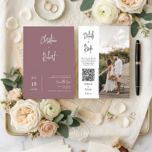 Modern Dusty Purple Boho Wedding Photo QR Code  Invitation