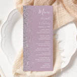 Modern Dusty Purple Lilac Silver Glitter Wedding Menu<br><div class="desc">The left-hand edge of this elegant modern wedding menu features a silver faux glitter design. The customizable text combines white handwriting,  copperplate and italic fonts on a dusty lavender purple background. The reverse side features a matching dusty lavender and silver glitter design.</div>