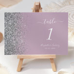 Modern Dusty Purple Silver Glitter Edge Wedding Table Number<br><div class="desc">The left-hand edge of this elegant modern wedding table number features a silver faux glitter design. The customizable text combines white handwriting,  copperplate and italic fonts on a dusty lavender purple background.</div>