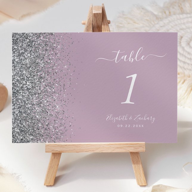Modern Dusty Purple Silver Glitter Edge Wedding Table Number (Creator Uploaded)