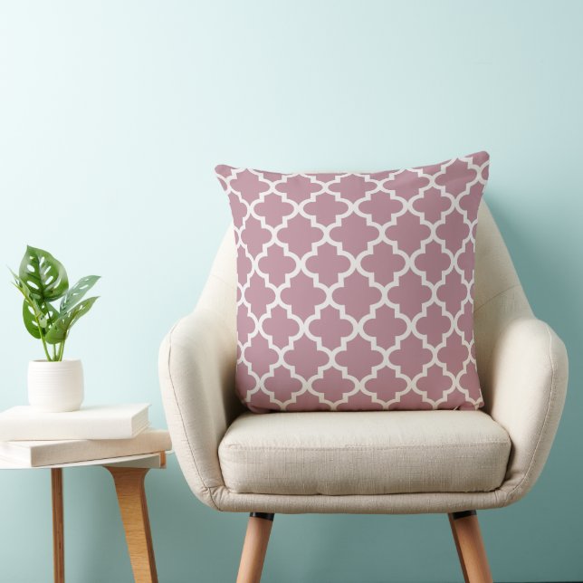 Modern Dusty Rose and White Quatrefoil Pattern Throw Pillow (Chair)