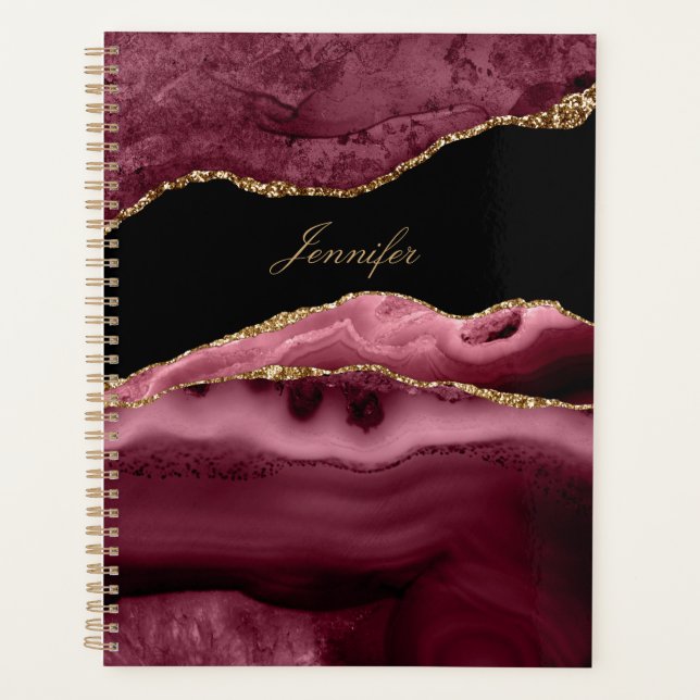 Modern Dusty Rose Black & Gold Agate Personalize Planner (Front)