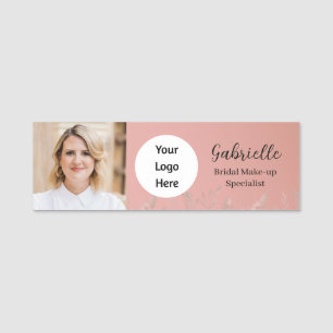 Modern Dusty Rose Botanical Photo Script Name Tag