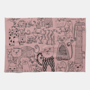 Modern Dusty Rose Cute Cats Pattern Kitchen Towel