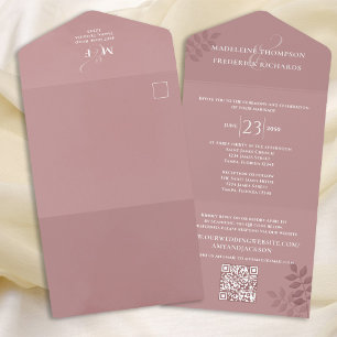 Modern Dusty Rose Floral Minimalist QR Code RSVP All In One Invitation