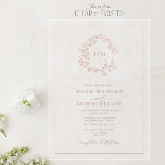 Modern Dusty Rose Leafy Crest Monogram Wedding Acrylic Invitations (Creator Uploaded)