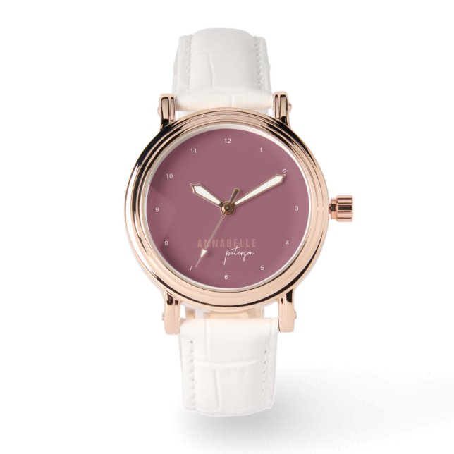 Modern Dusty Rose Minimal Script Personalized Watch (Front)
