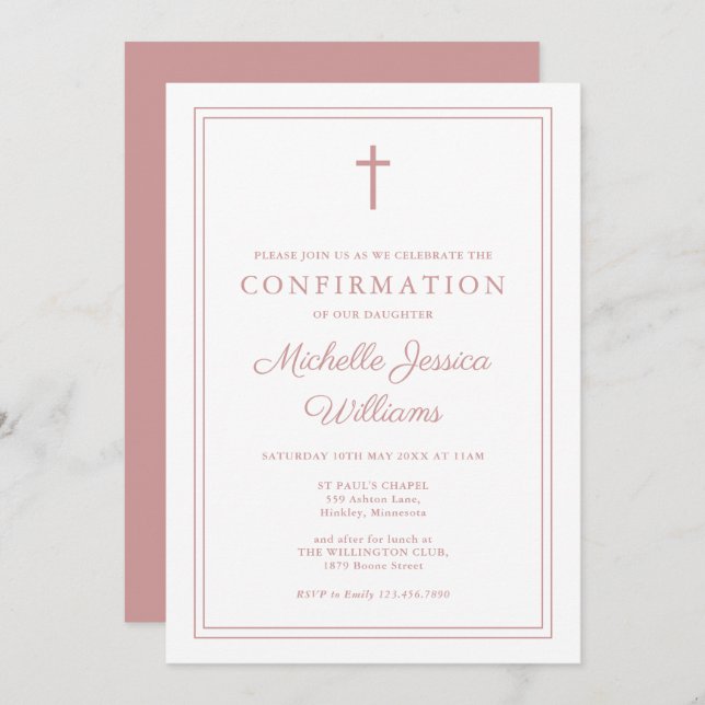 Modern Dusty Rose Pink Border Confirmation Invitation (Front/Back)