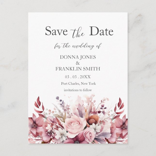 Modern Dusty Rose Pink Wedding Save the Date Postcard (Front)