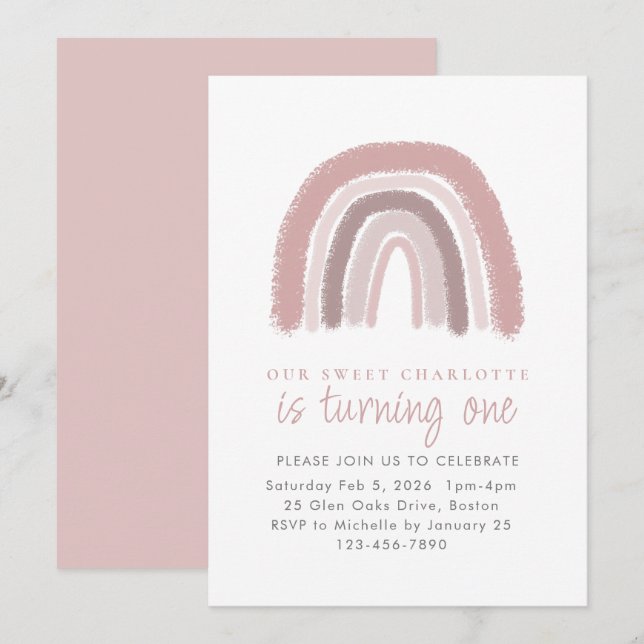Modern Dusty Rose Rainbow First Birthday Party Invitation (Front/Back)