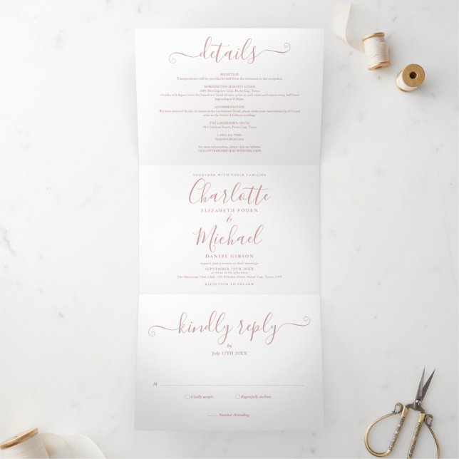 Modern Dusty Rose Script Minimalist Photo Wedding Tri-Fold Invitation (Inside)