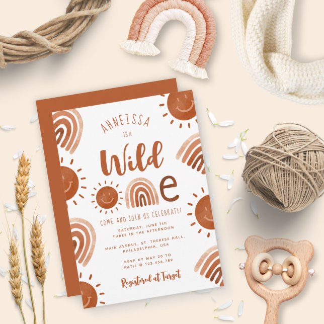 Modern Earth Boho Rainbow Sun Wild One First Invitation (Creator Uploaded)