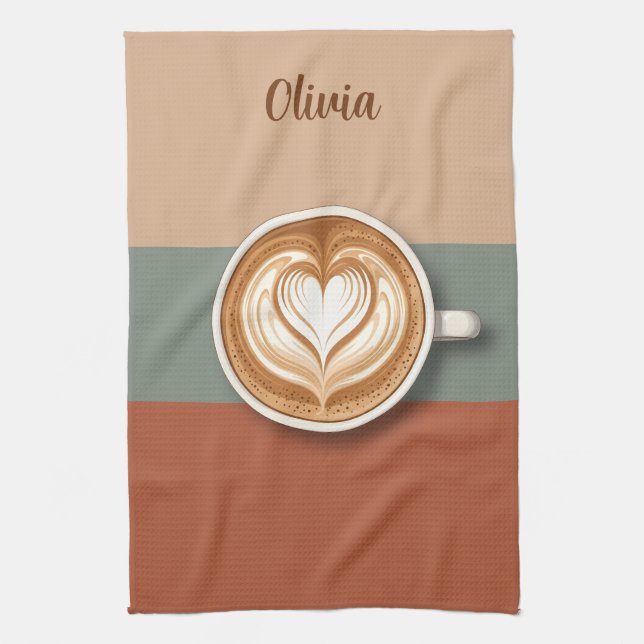 Modern Earth Tone Heart Latte Barista Kitchen Towel (Vertical)