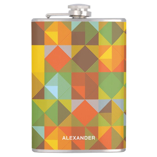 Modern Earthtone Geometric Pattern With Name Hip Flask (Front)