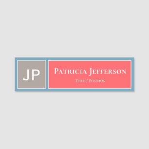 Modern Earthy Brown Coral Rose Pink Blue Monogram Name Tag