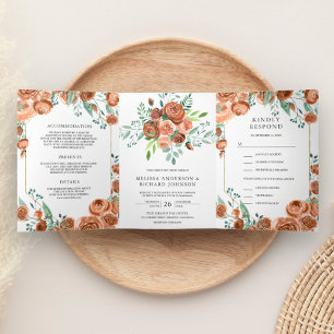 Modern Earthy Burnt Orange Floral 3 in 1 Wedding Tri-Fold Invitation