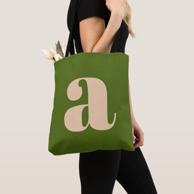Modern Earthy Green Bold Retro Monogram Initial Tote Bag (Close Up)
