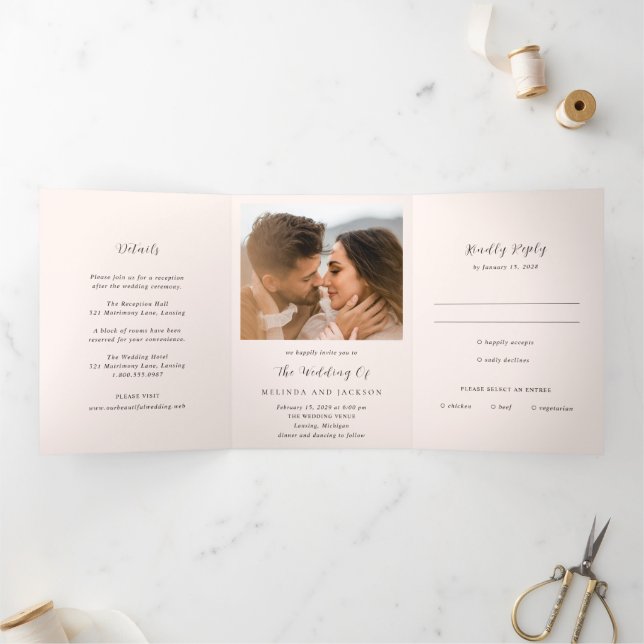 Modern Earthy Neutral Photo Wedding Tri-Fold Invitation (Inside)