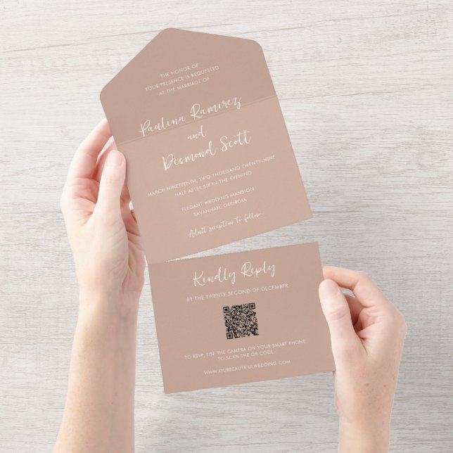 Modern Earthy Neutral QR Code Simple Wedding All In One Invitation (Tearaway)