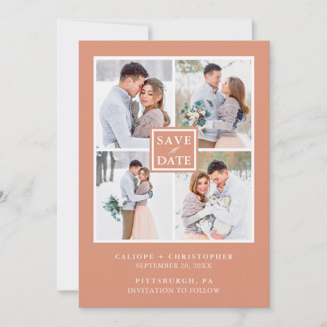Modern Earthy Peach Photo Collage Save the Date (Front)