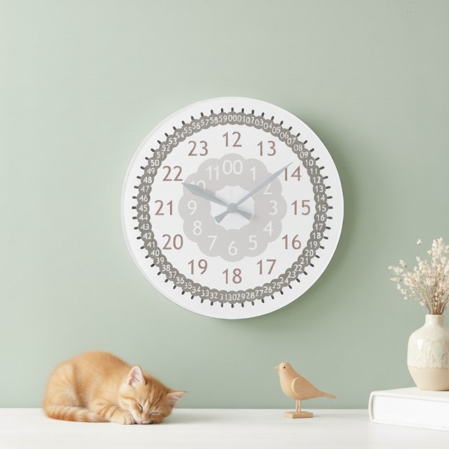 Modern Earthy Tone with 24-Hour and Minute Markers Large Clock (Unique 24 hour 60 minute large wall clock.)