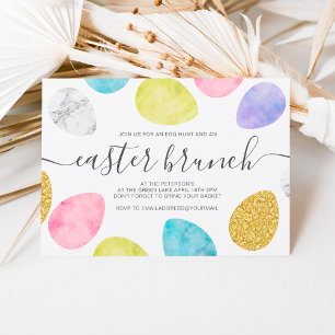 Modern easter brunch gold pastel watercolor eggs invitation