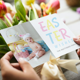 Modern Easter Wishes Pastel Personalized Photo Holiday Card
