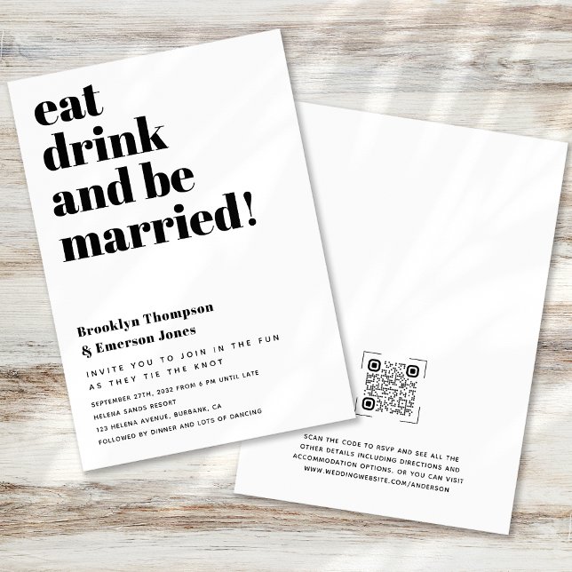 Modern Eat Drink Be Married Funny QR Code Wedding Invitation (Creator Uploaded)