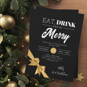 Modern Eat, Drink Be Merry Xmas Gold Ribbon Black Invitation