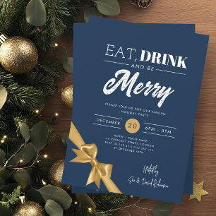 Modern Eat, Drink Be Merry Xmas Gold Ribbon Navy  Invitation