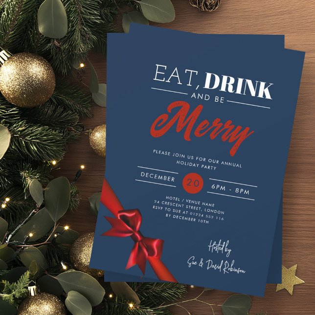 Modern Eat, Drink Be Merry Xmas Red Ribbon Navy  Invitation (Creator Uploaded)