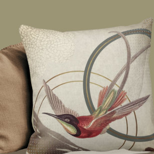 Modern Ecru Hummingbird Design   Earthy Green Throw Pillow