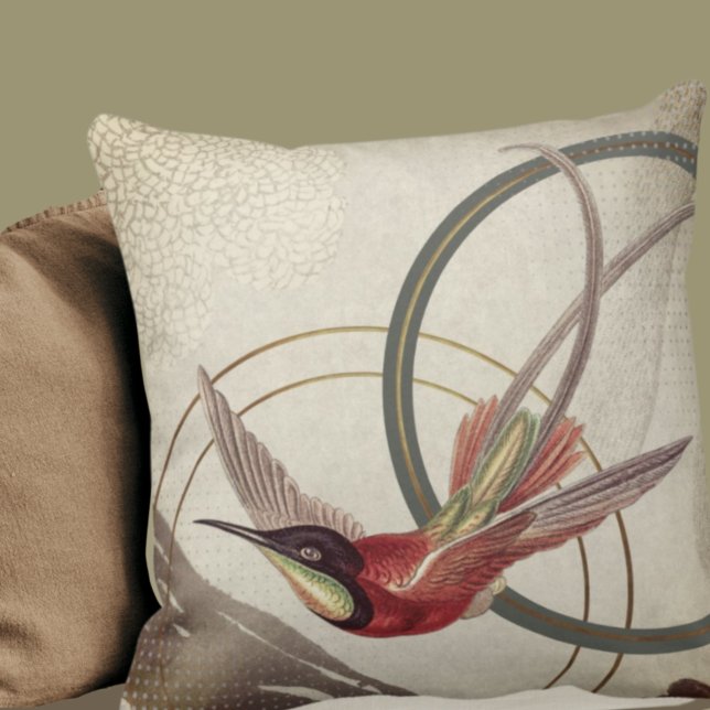 Modern Ecru Hummingbird Design | Earthy Green Throw Pillow (Creator Uploaded)