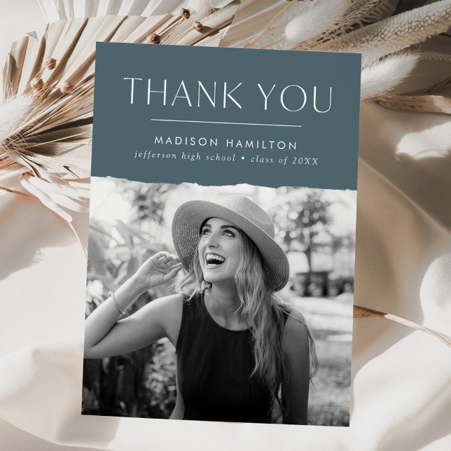 Modern Edge Slate Blue Photo Graduation Thank You Card (Creator Uploaded)